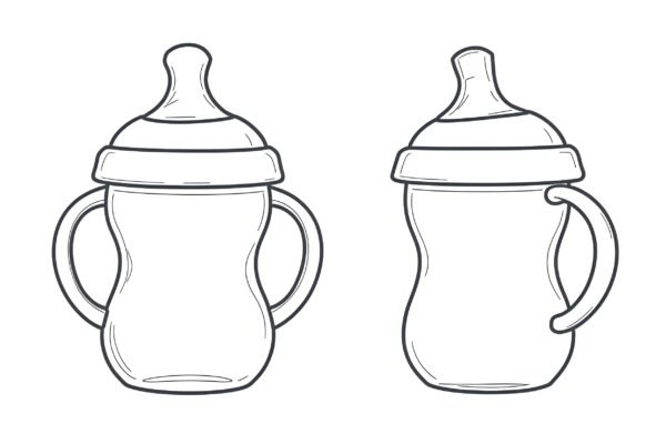 Outlined sippy cup in line-art vector style, front view and side view, for educational or catalog use
