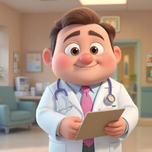 3D cartoon doctor character with large head and expressive face—free image for medical, educational or branding visuals.