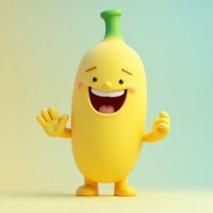 3D cartoon banana character with a smiling face—free illustration for kids, fun branding or fruit-theme visuals.