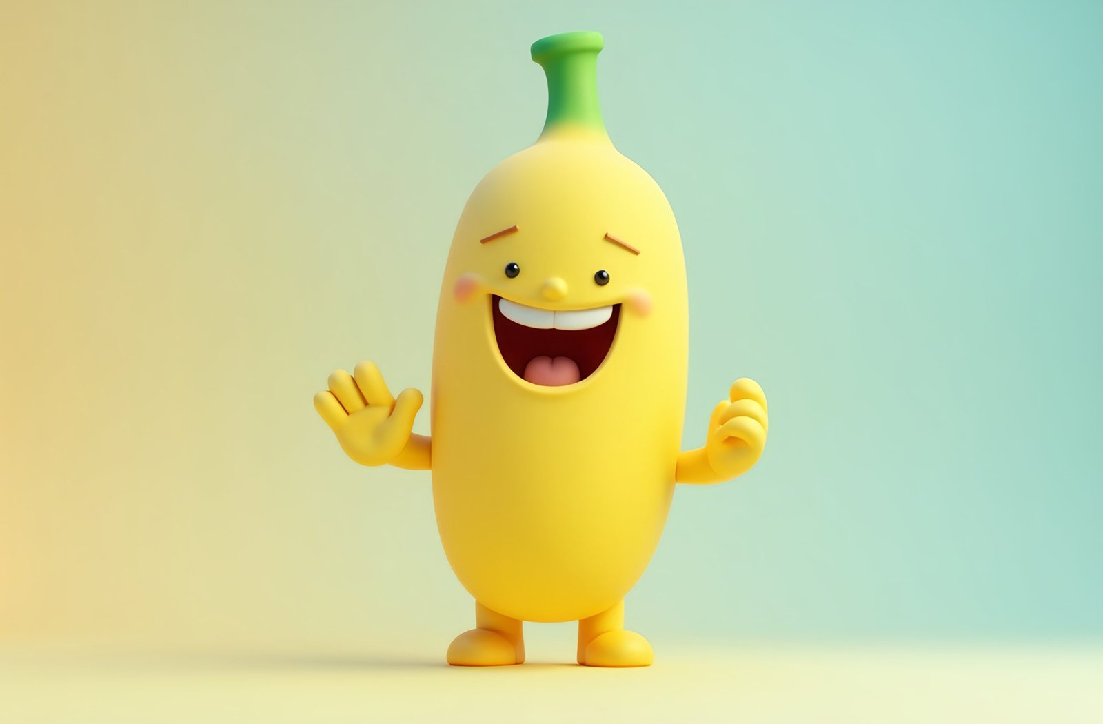 3D cartoon banana character with a smiling face—free illustration for kids, fun branding or fruit-theme visuals.