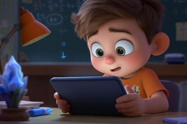 3D cartoon boy solving a math problem on a tablet, close-up with curious expression