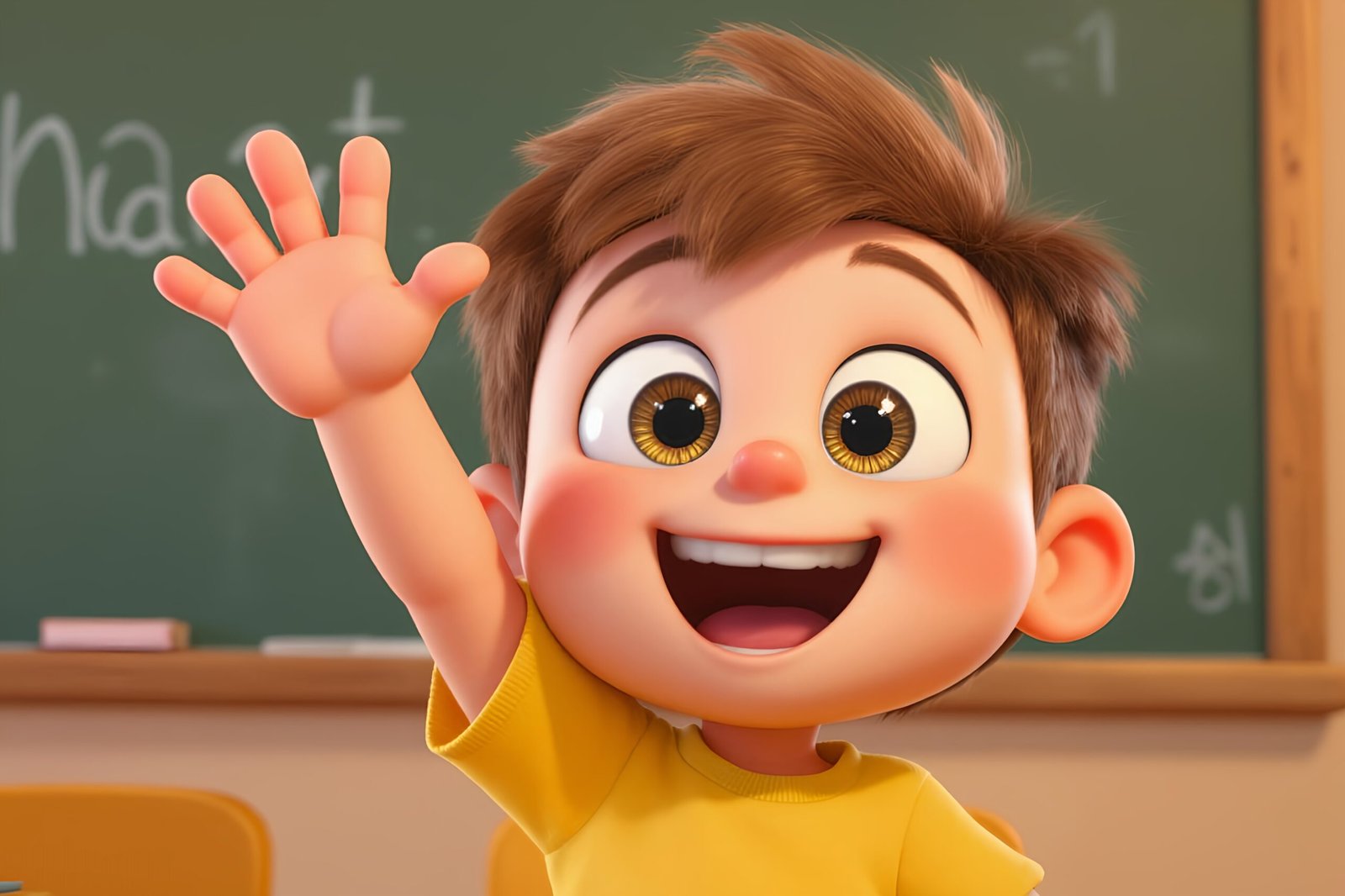 3D cartoon child raising their hand enthusiastically in class, close-up with big expressive eyes and bright lighting, chalkboard in the background