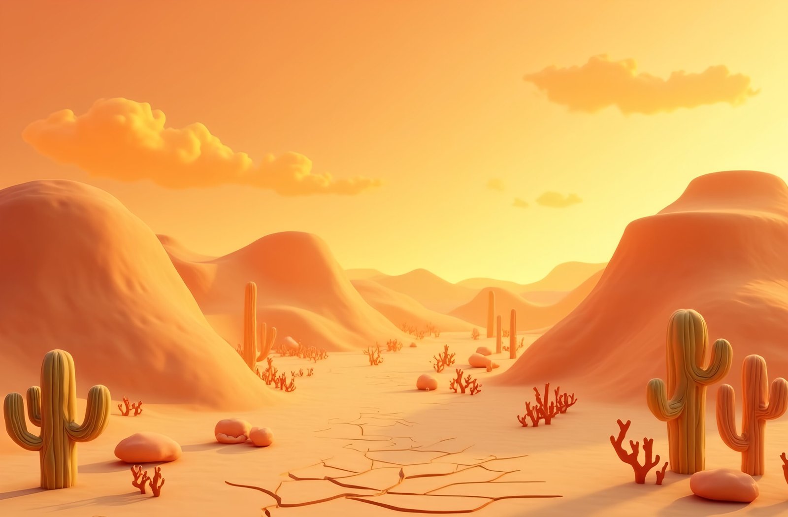3D cartoon desert scene with sculpted sand dunes forming smooth, stylised terrain.