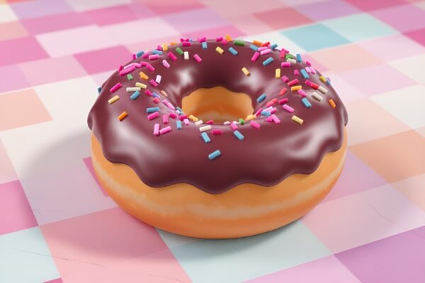 3D cartoon donut with glossy chocolate glaze and colorful confetti sprinkles, set on a candy-colored checkered table