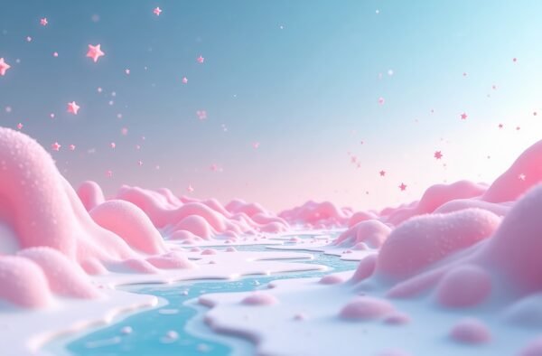 3D cartoon fantasy landscape with pastel-colored terrain, melting hills, and stars falling gently like snowflakes during daytime