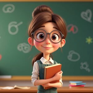 3D cartoon female teacher with round glasses holding a book, standing in front of a chalkboard in classroom
