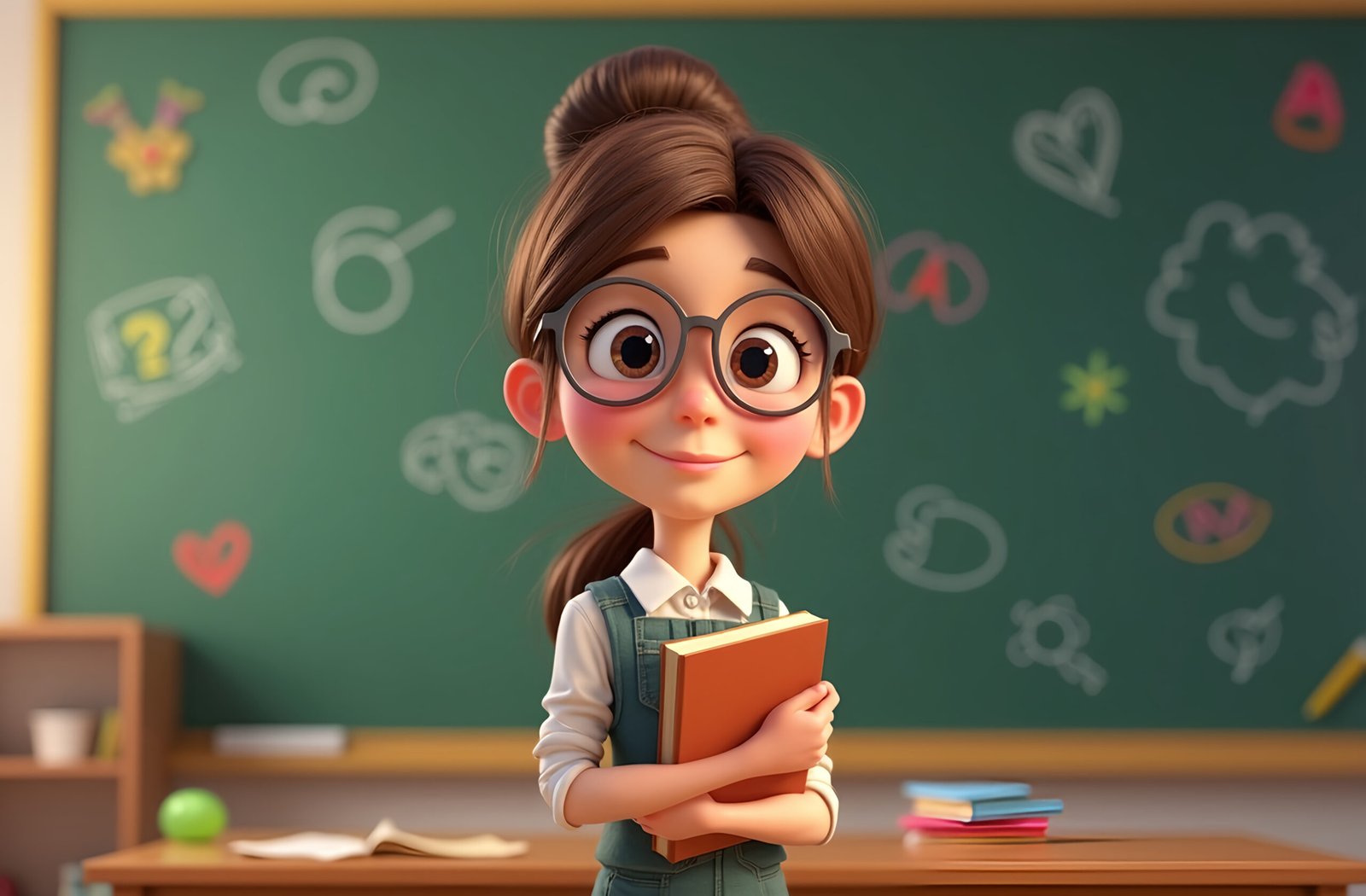 3D cartoon female teacher with round glasses holding a book, standing in front of a chalkboard in classroom