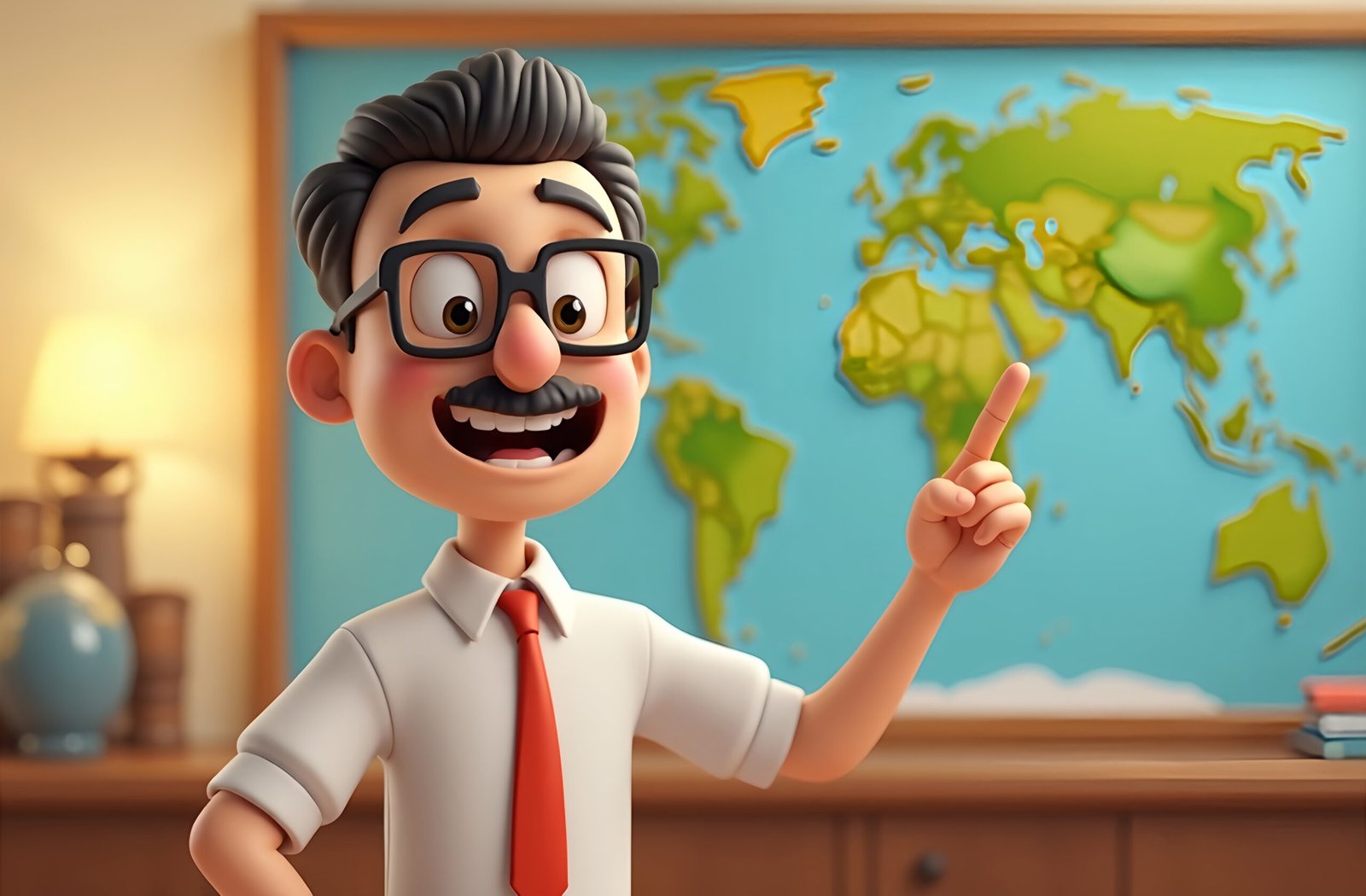 3D cartoon male teacher with square glasses and a mustache, pointing at a world map in classroom