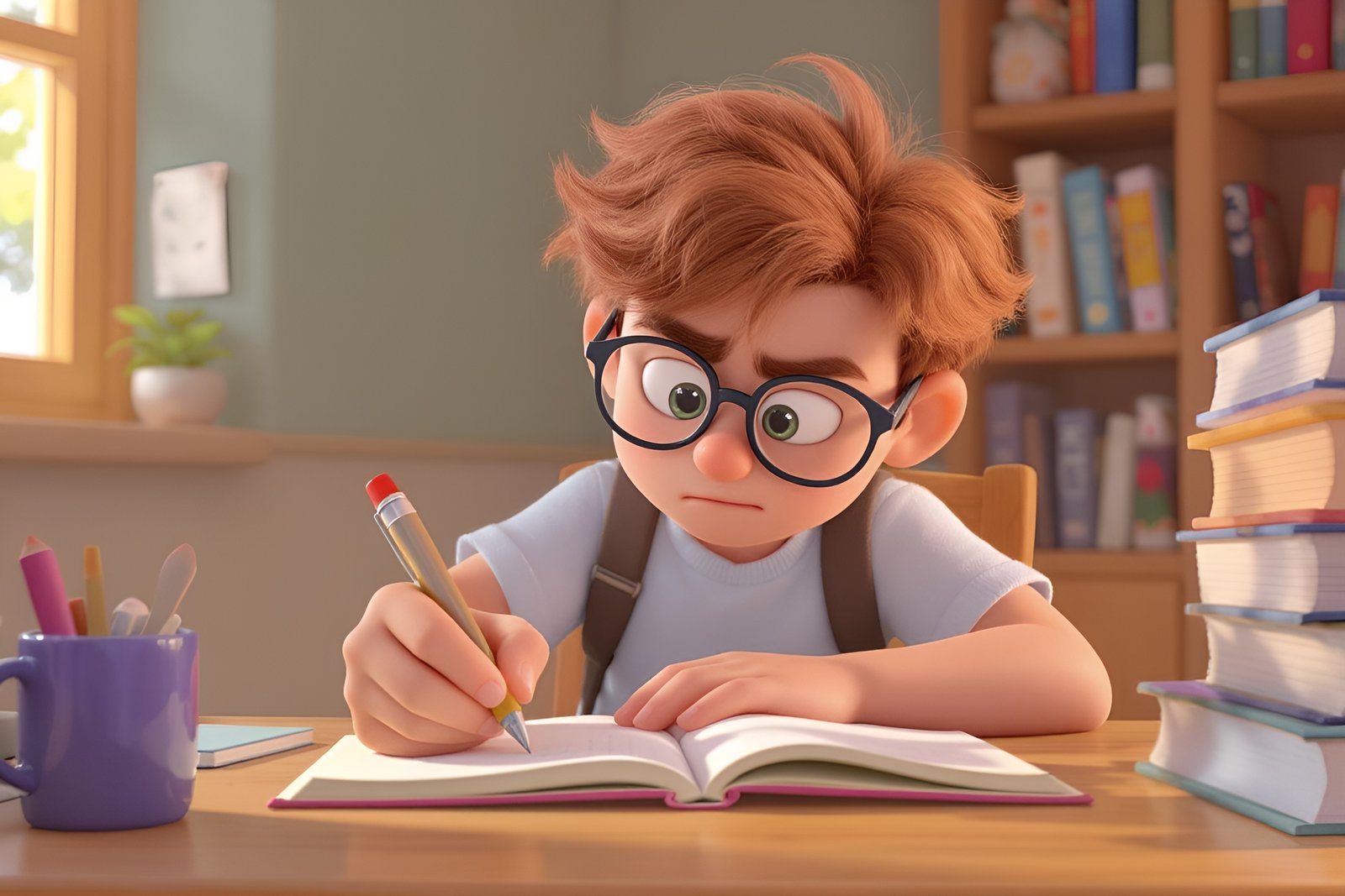 3D cartoon student writing in a notebook with a stack of books beside them, determined face