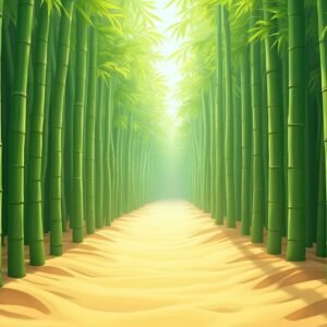 3D cartoon style bamboo forest scene with tall green stalks and sunlight—nature illustration