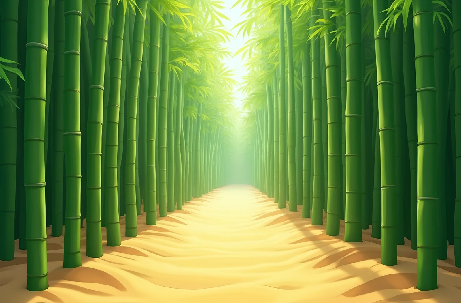 3D cartoon style bamboo forest scene with tall green stalks and sunlight—nature illustration