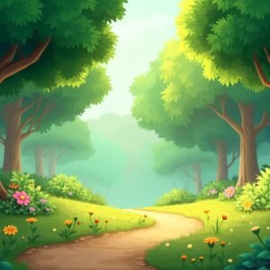 3D cartoon forest scene with stylised trees and mushrooms—free image for fantasy, kids’ content or game visuals.