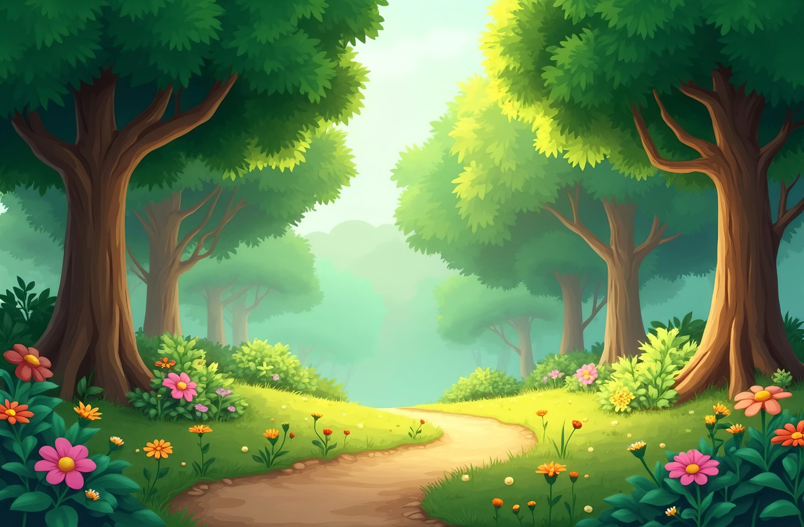 3D cartoon forest scene with stylised trees and mushrooms—free image for fantasy, kids’ content or game visuals.