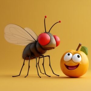3D cartoon-style fruit fly character with oversized red eyes, and exaggerated features, near a smiling orange