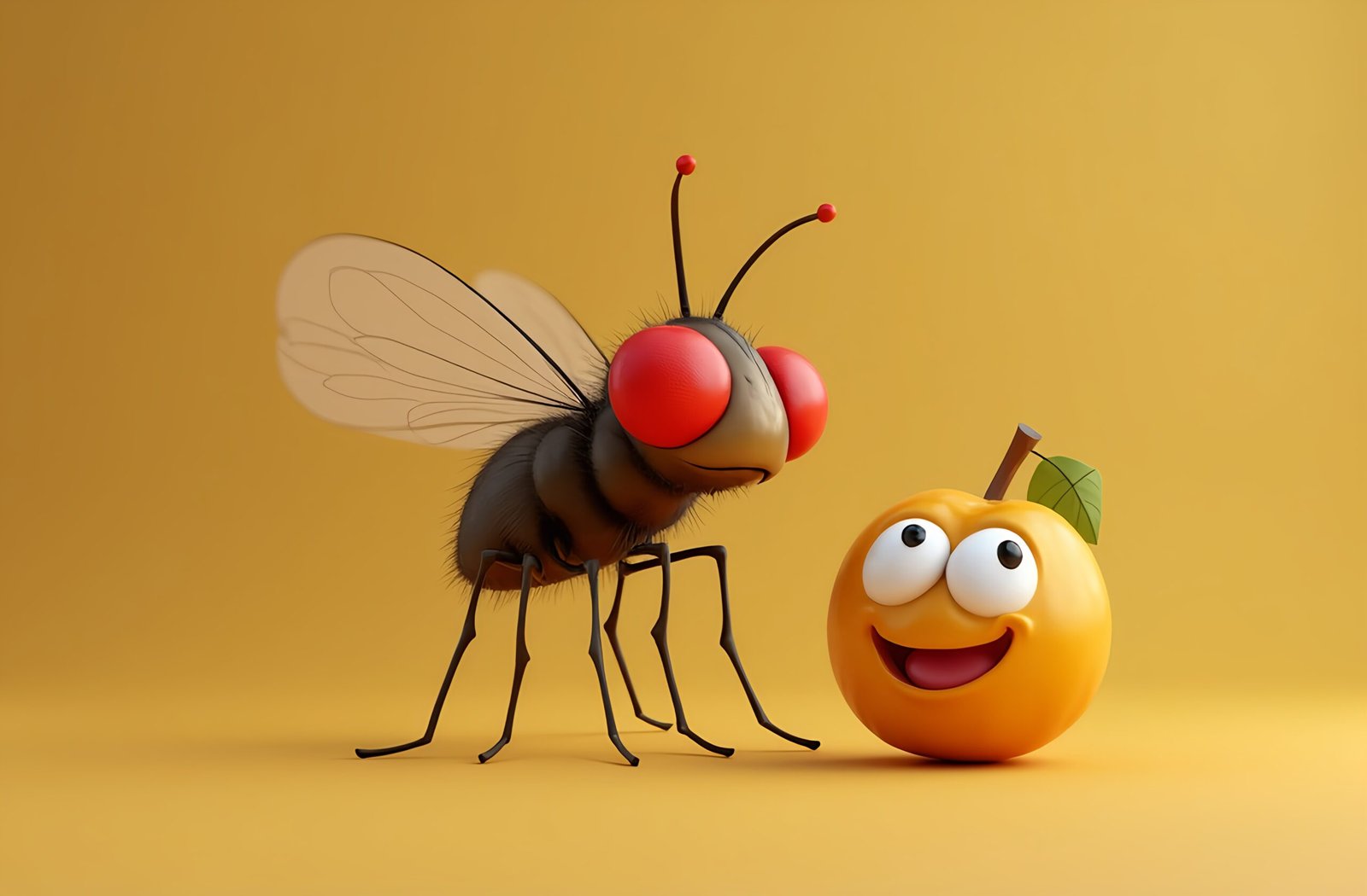 3D cartoon-style fruit fly character with oversized red eyes, and exaggerated features, near a smiling orange