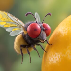 3D cartoon-style fruit fly character with oversized red eyes, flying near an orange