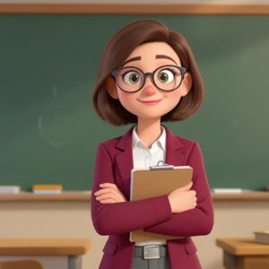 3D cartoon teacher character with glasses holding a clipboard—free image for education, learning or teacher visuals.