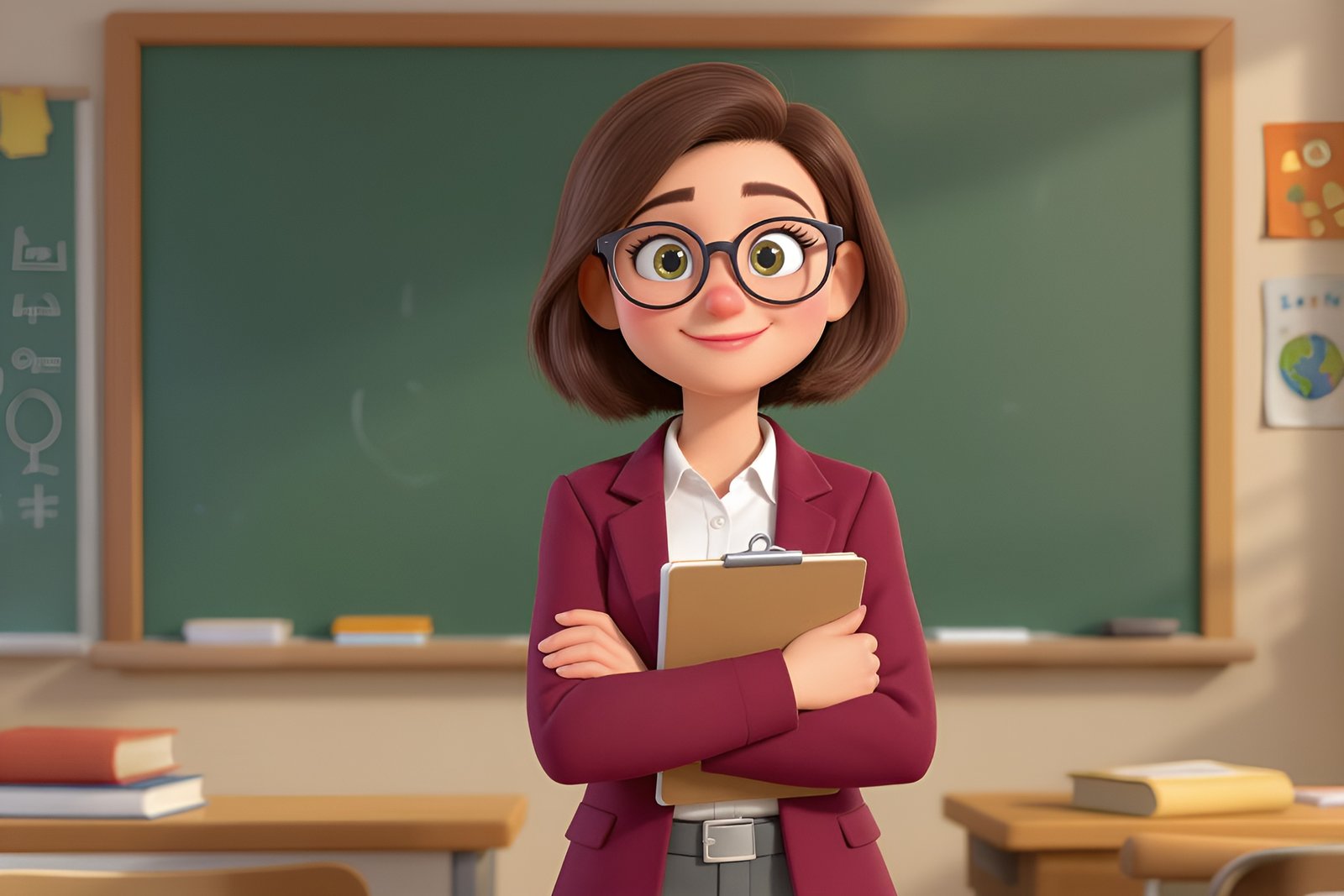 3D cartoon teacher character with glasses holding a clipboard—free image for education, learning or teacher visuals.