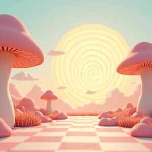 3D cartoon surreal landscape with oversized mushrooms, checkerboard ground, and a spiral-shaped sun