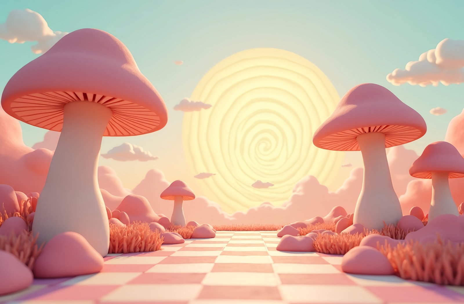 3D cartoon surreal landscape with oversized mushrooms, checkerboard ground, and a spiral-shaped sun