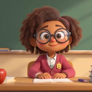 3D cartoon teacher character with big round glasses and curly hair—free image for education or classroom visuals.