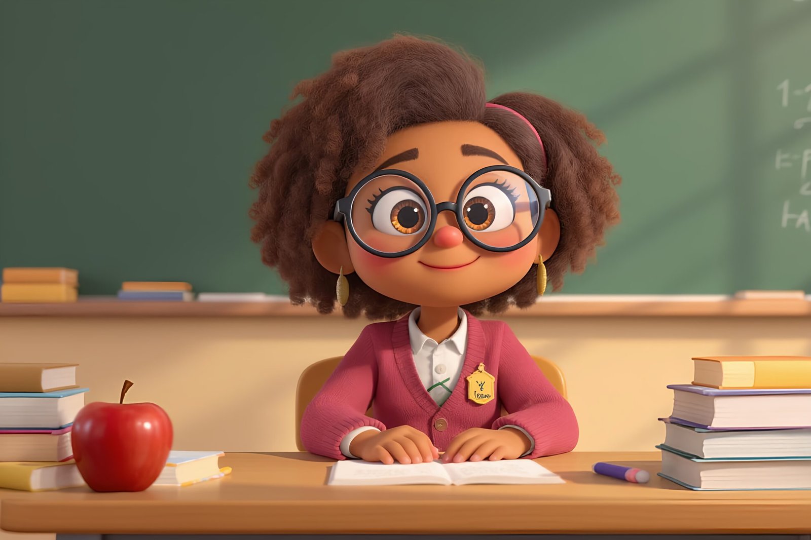 3D cartoon teacher character with big round glasses and curly hair—free image for education or classroom visuals.