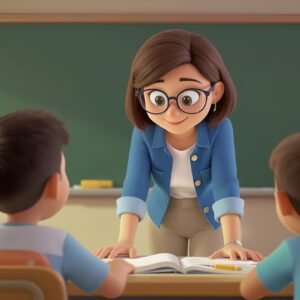 3D cartoon teacher with glasses leaning over to help a student at a desk