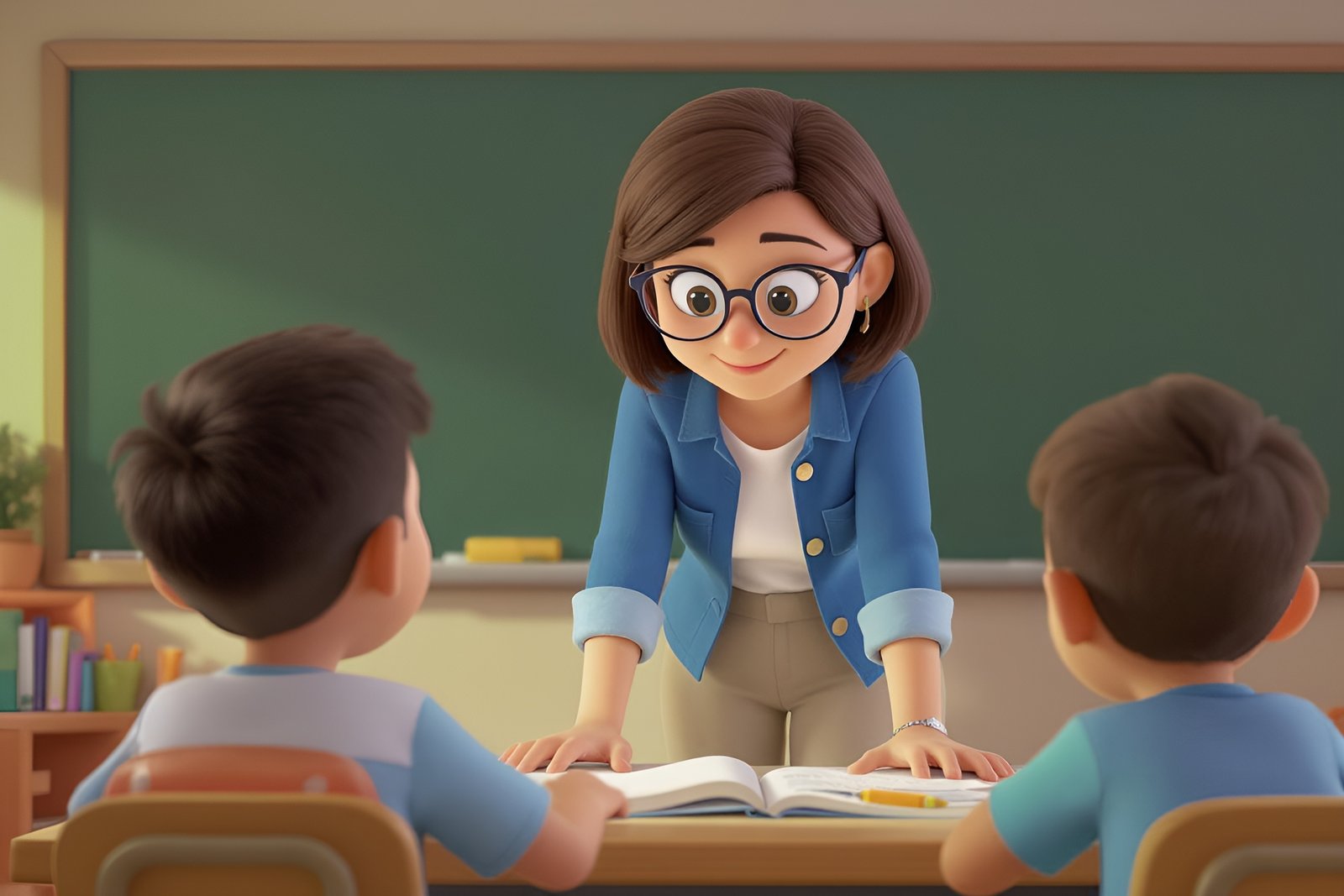 3D cartoon teacher with glasses leaning over to help a student at a desk