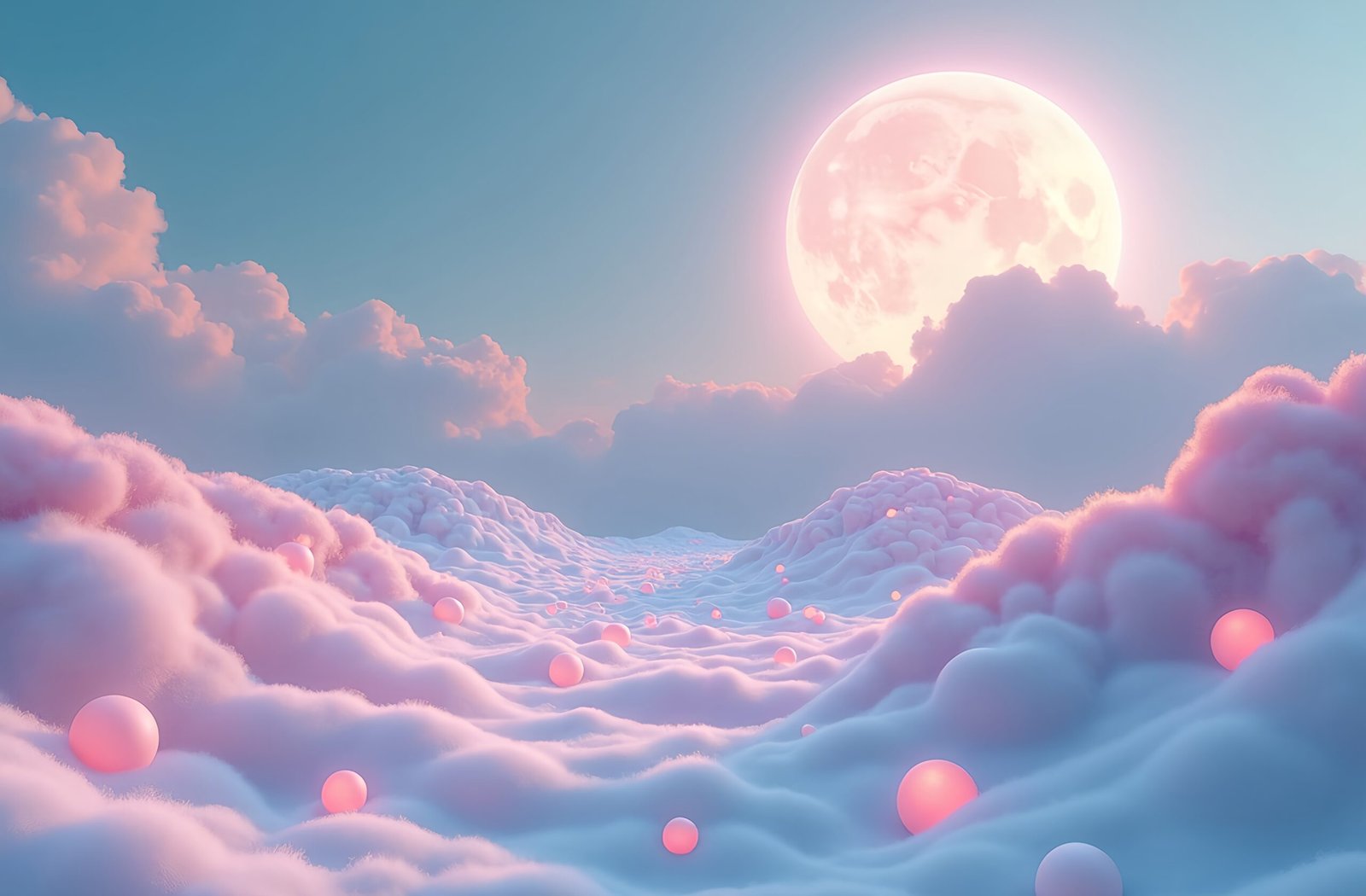 3D illustration of dreamy hills made of soft cotton-like terrain—fantasy landscape visual.