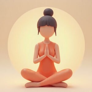 Minimalist 3D cartoon woman sitting cross-legged in meditation with soft glowing aura around representing calmness and focus