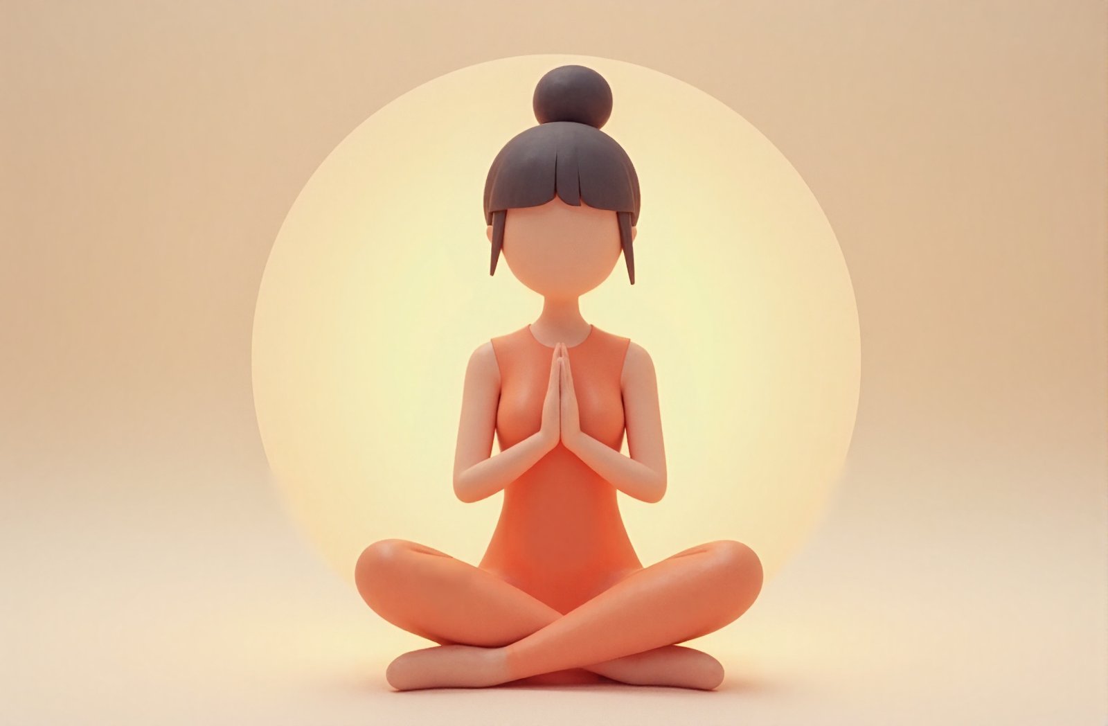 Minimalist 3D cartoon woman sitting cross-legged in meditation with soft glowing aura around representing calmness and focus