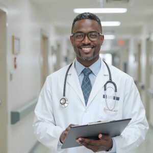 Photorealistic portrait of professional black male doctor in hospital medical environment