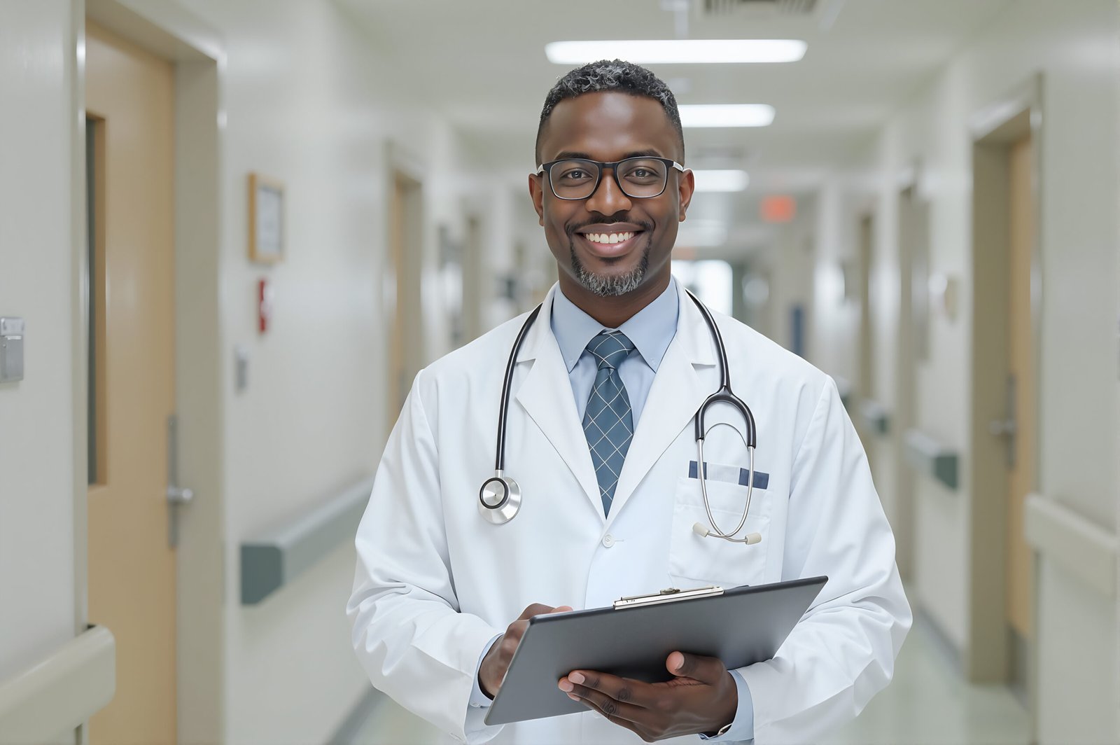 Photorealistic portrait of professional black male doctor in hospital medical environment