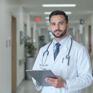 Photorealistic image of a male doctor in a white coat holding a clipboard, standing in a hospital hallway