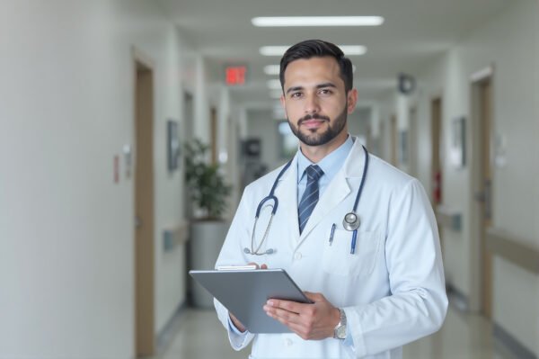 Photorealistic image of a male doctor in a white coat holding a clipboard, standing in a hospital hallway
