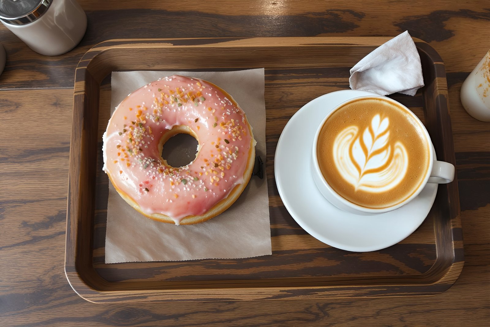 Top-down view of a classic glazed donut and cappuccino with latte art on a rustic wooden tray in cafe