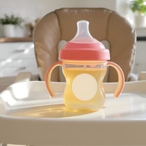 Sippy cup on a high-chair tray ready for toddler mealtime—free image for baby feeding or parenting visuals.