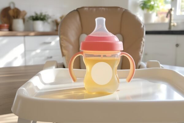 Sippy cup placed on a highchair tray in a bright kitchen with blank space on cup for branding