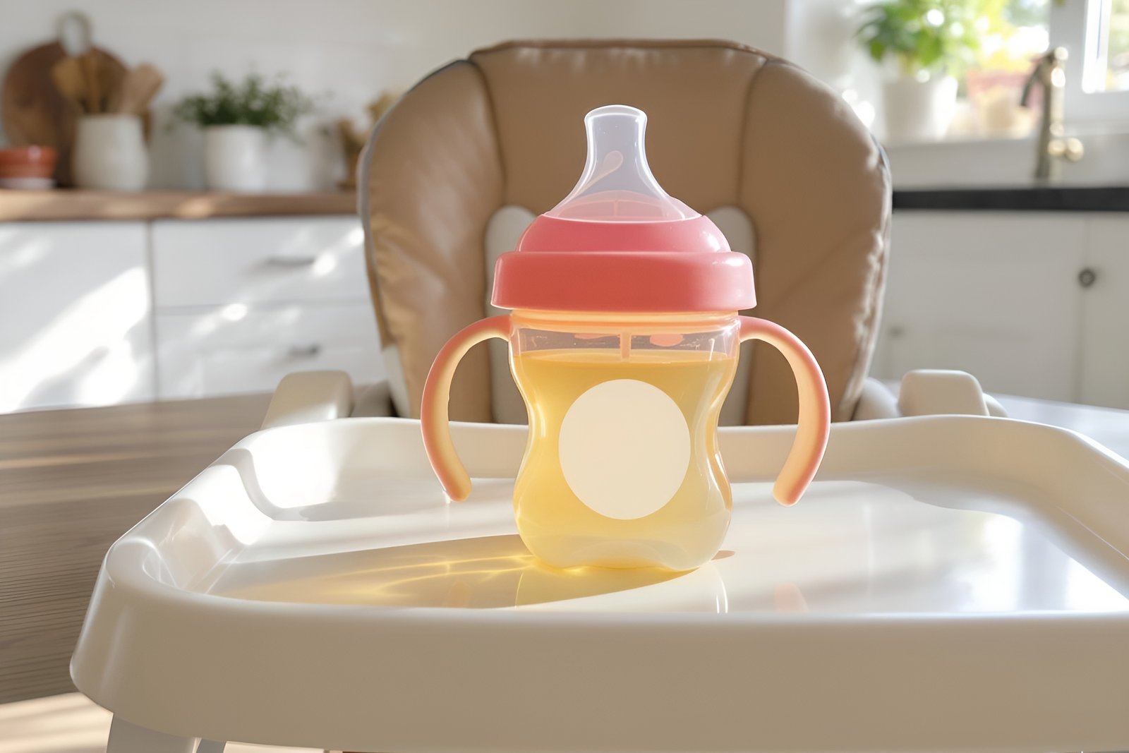 Sippy cup on a high-chair tray ready for toddler mealtime—free image for baby feeding or parenting visuals.