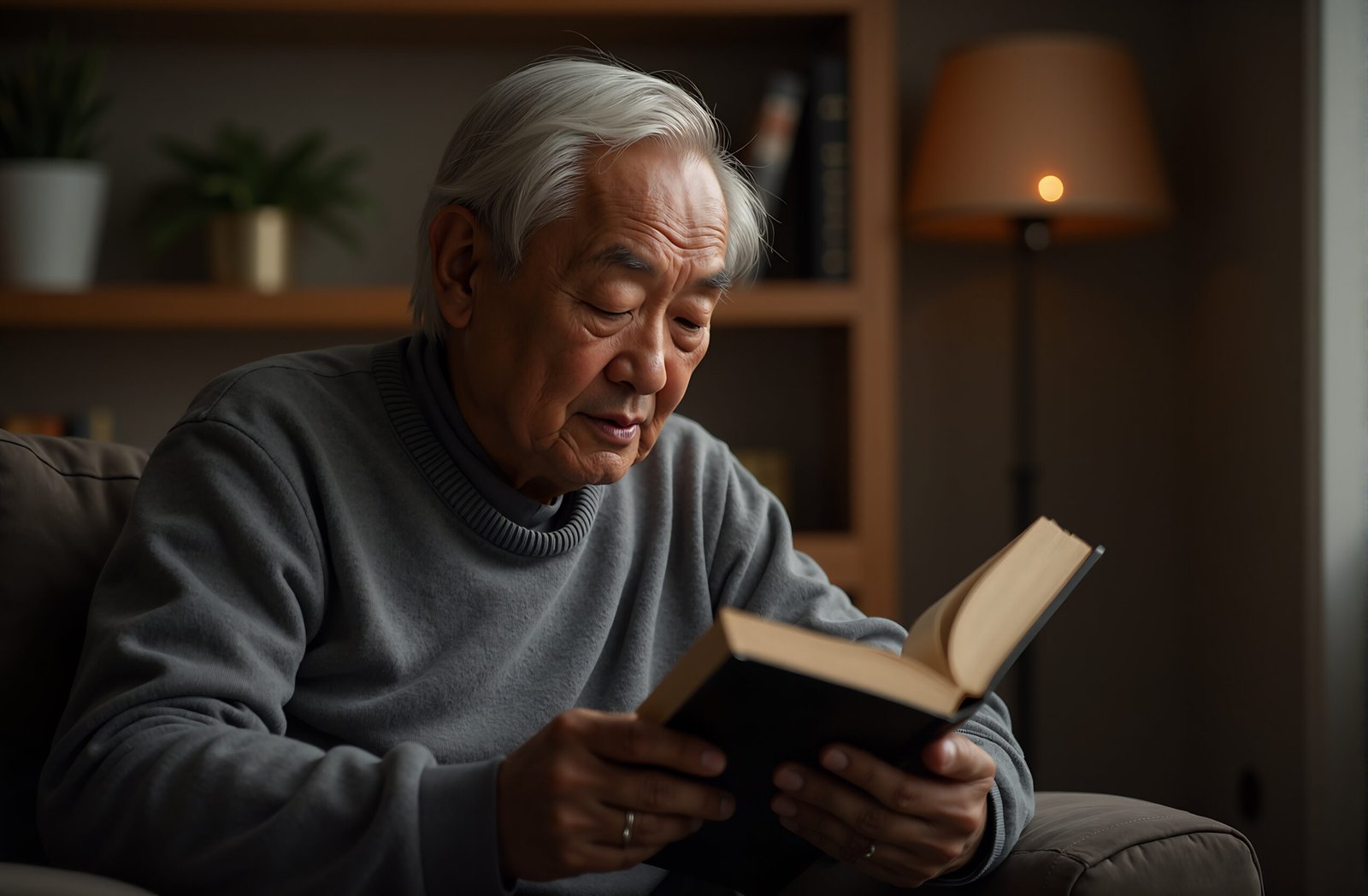 Elderly Asian man reading a book—free image for education, senior-wellbeing or lifestyle visuals.