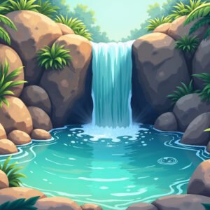 3D cartoon-style waterfall cascading into a small crystal-clear pond, surrounded by stylized rocks and vibrant tropical plants