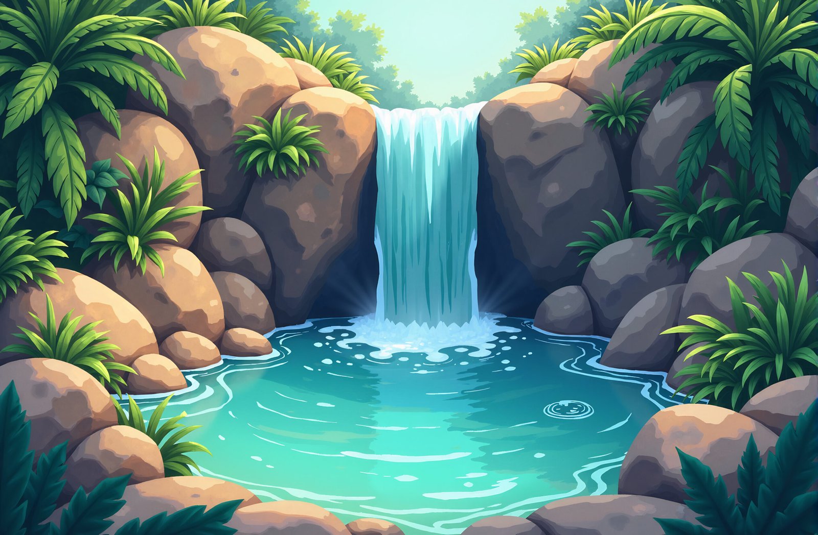 3D cartoon-style waterfall cascading into a small crystal-clear pond, surrounded by stylized rocks and vibrant tropical plants