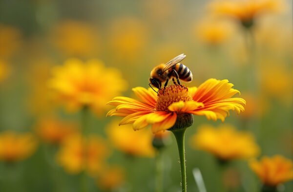 A bumblebee landing on a blanket flower in a wildflower meadow