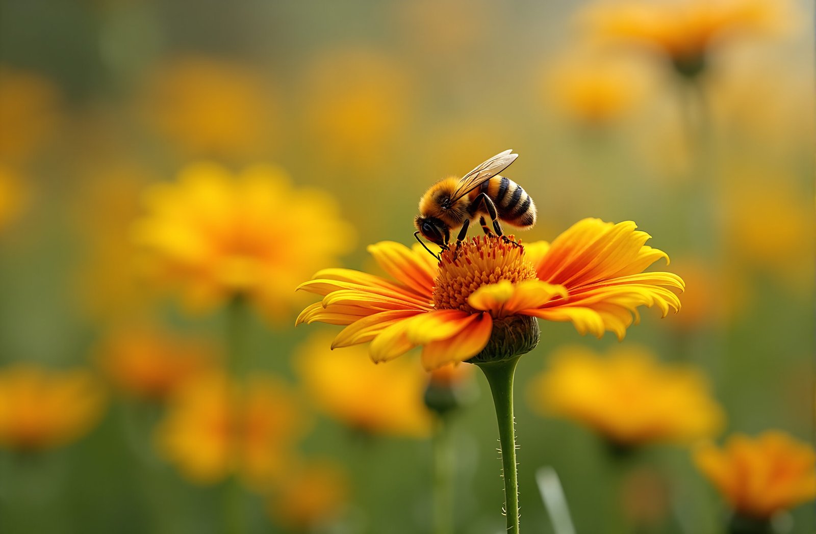 Bumblebee landing on vibrant red and yellow blanket flower in wildflower meadow capturing natural pollination moment