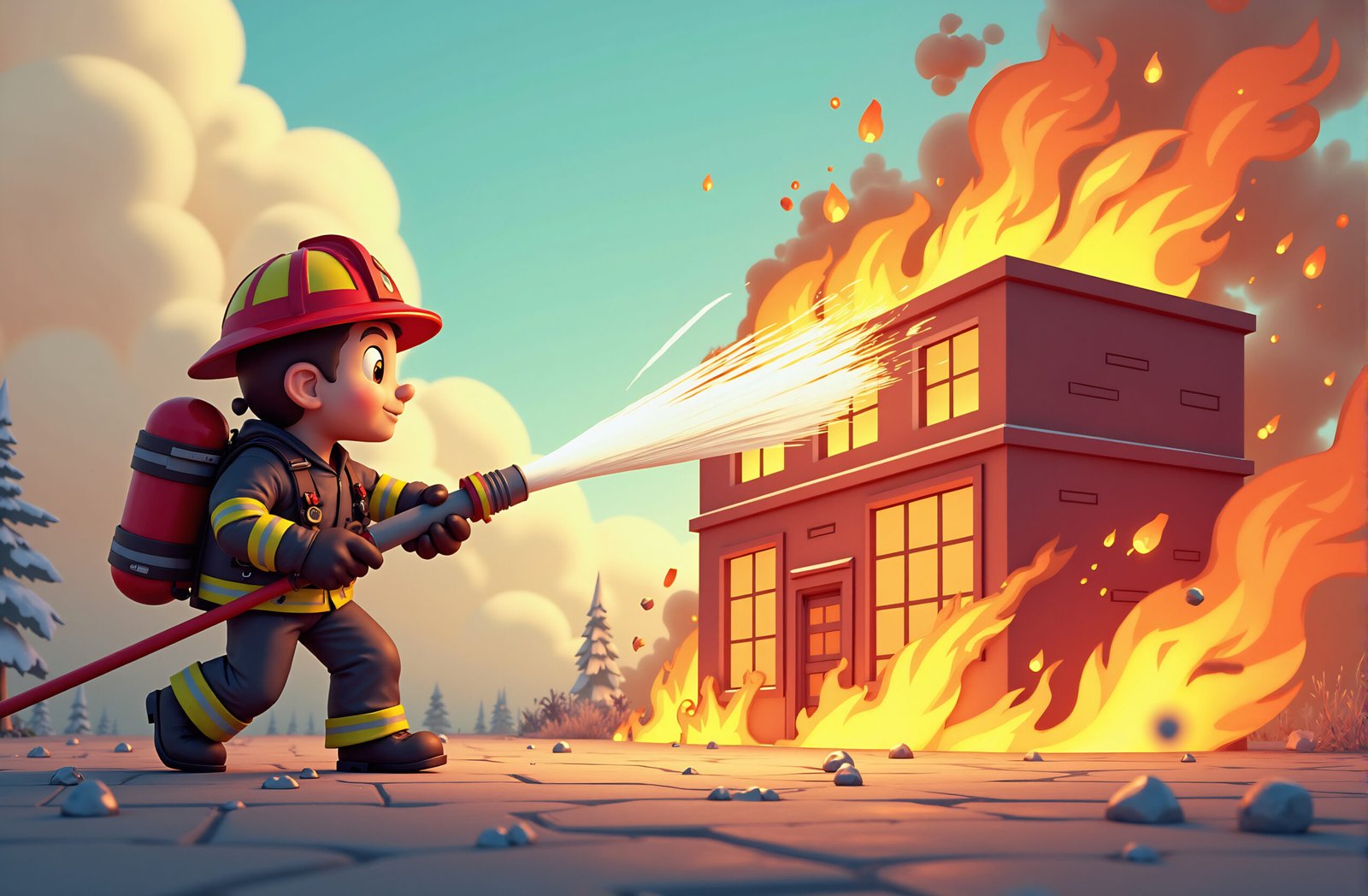 3D cartoon firefighter spraying water on burning building—ideal for fire safety, emergency services and action visuals