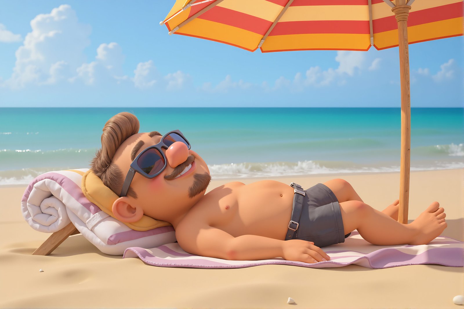 3D cartoon man lying on a beach towel with drink in hand—free image for beach, holiday or kids’ visuals.