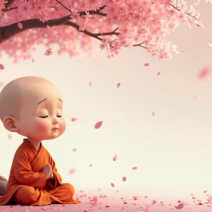 Cartoon monk meditating under a tree—meditation illustration