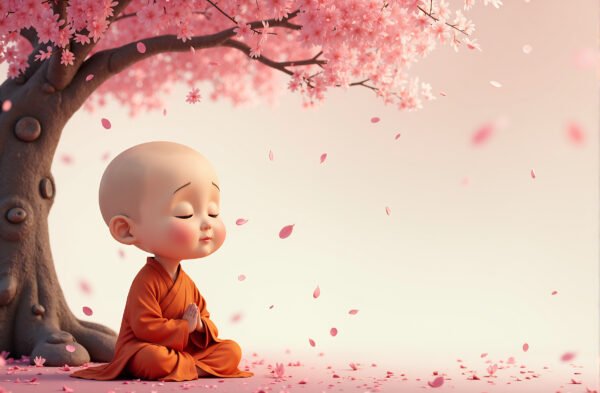 Cartoon monk character meditating under a cherry blossom tree