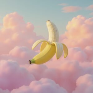 Banana floating in a surreal dreamy landscape with pastel sky and clouds—free image for fantasy, surreal or creative visuals.
