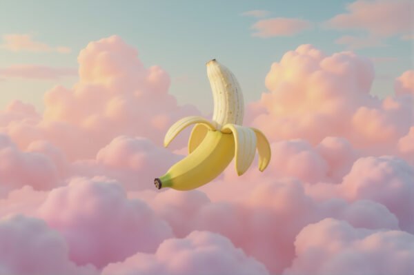 Floating banana in a surreal dreamy landscape, pastel sky and soft clouds around it